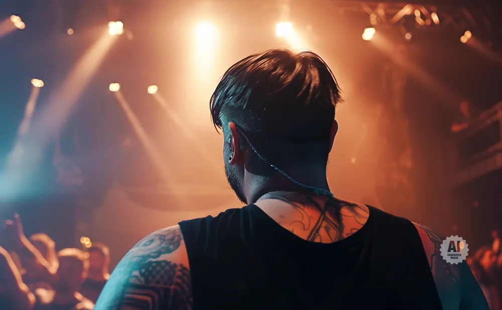 Rear view of a tattooed person on stage, with a crowd and bright stage lights in the background.