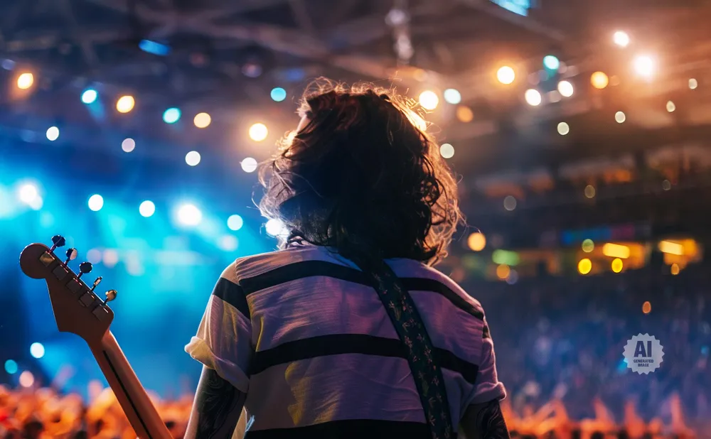Person with long hair playing guitar on stage with colorful lights and a blurred crowd.