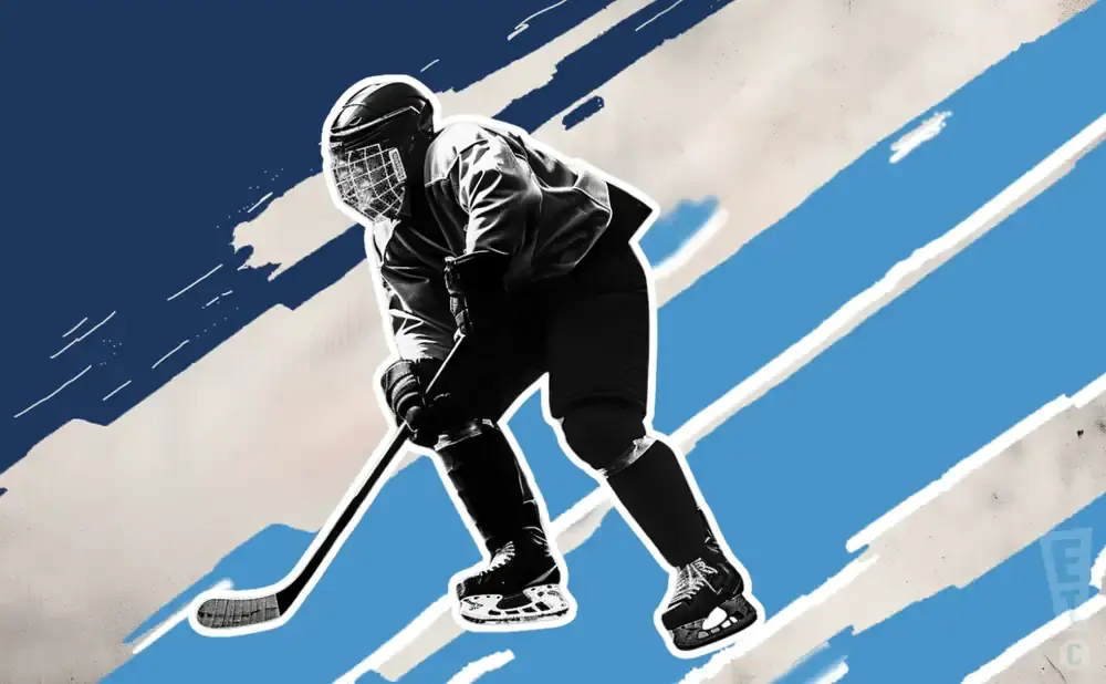 A hockey player in a black and white suit on a blue and white striped background.