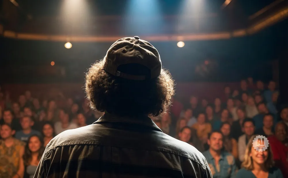 Comedian on stage facing a blurred audience, illuminated by a spotlight.