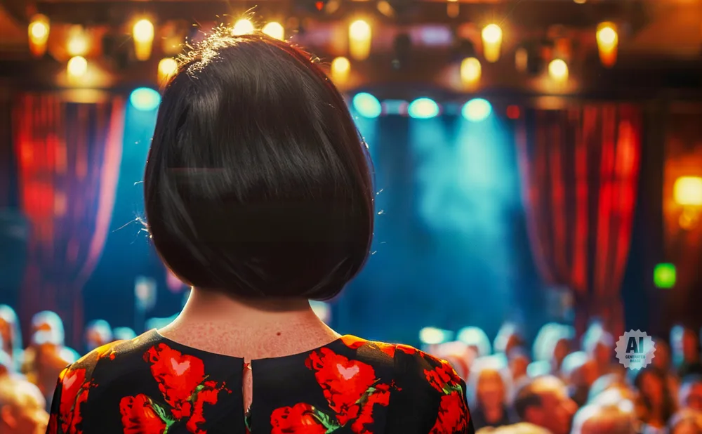 Back of a woman's head with short dark hair and a black dress with red floral print, facing a stage with lights and a blurred audience.