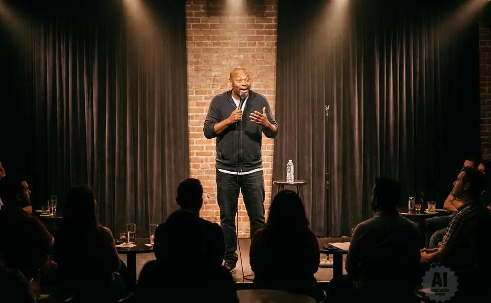 A Black comedian tells a joke on stage to a seated audience in a dimly lit club.