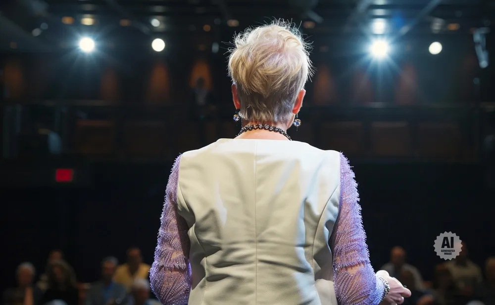 Woman in a light jacket with sparkly purple sleeves addresses a darkened audience, illuminated by stage lights.