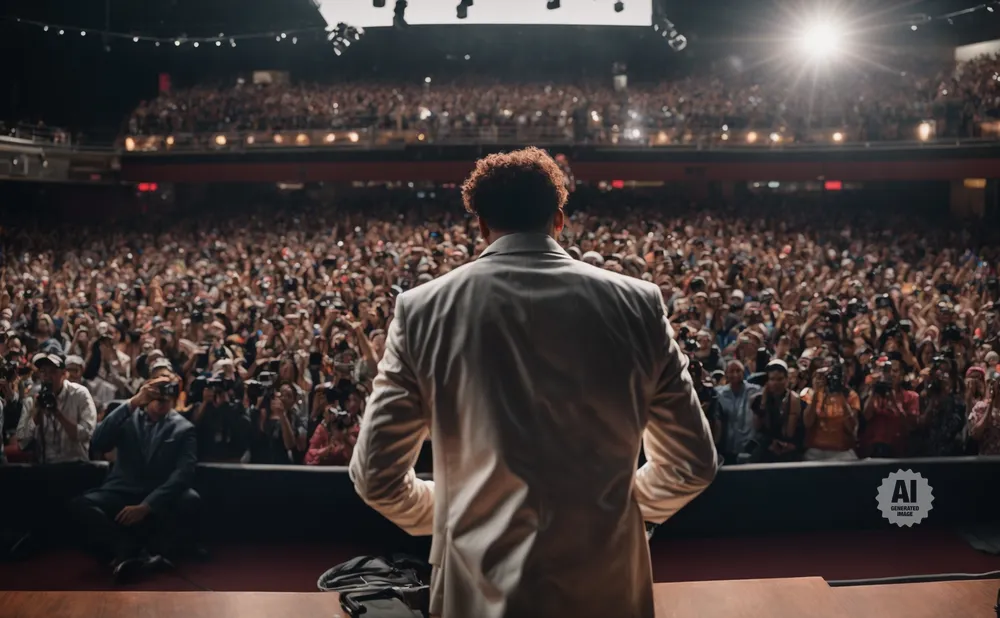 A man in a white suit faces a large, cheering crowd in a concert venue.