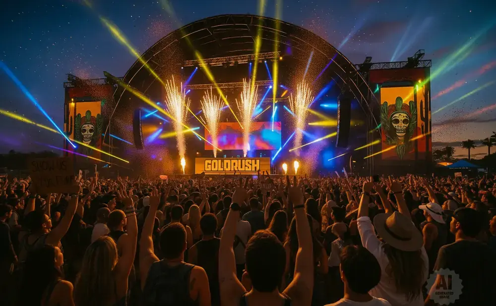 Crowd at Goldrush music festival with fireworks and laser lights at sunset.