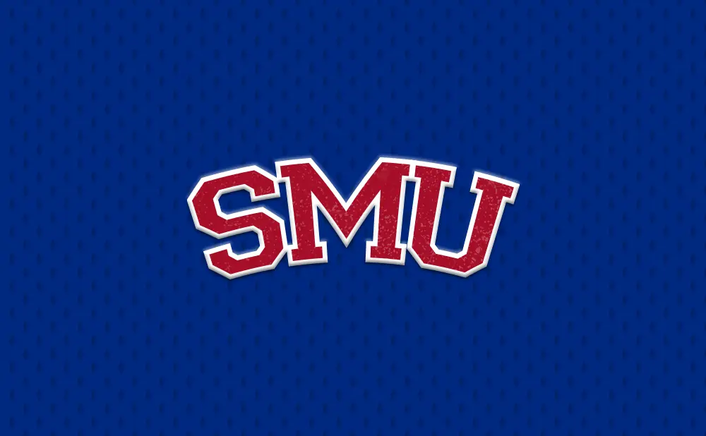 The SMU logo in red and white on a blue, textured background.