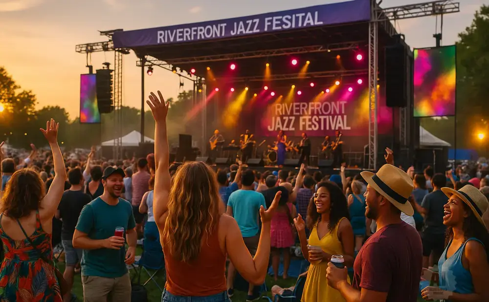 Crowd at Riverfront Jazz Festival with hands raised in excitement as a band performs on stage at sunset.