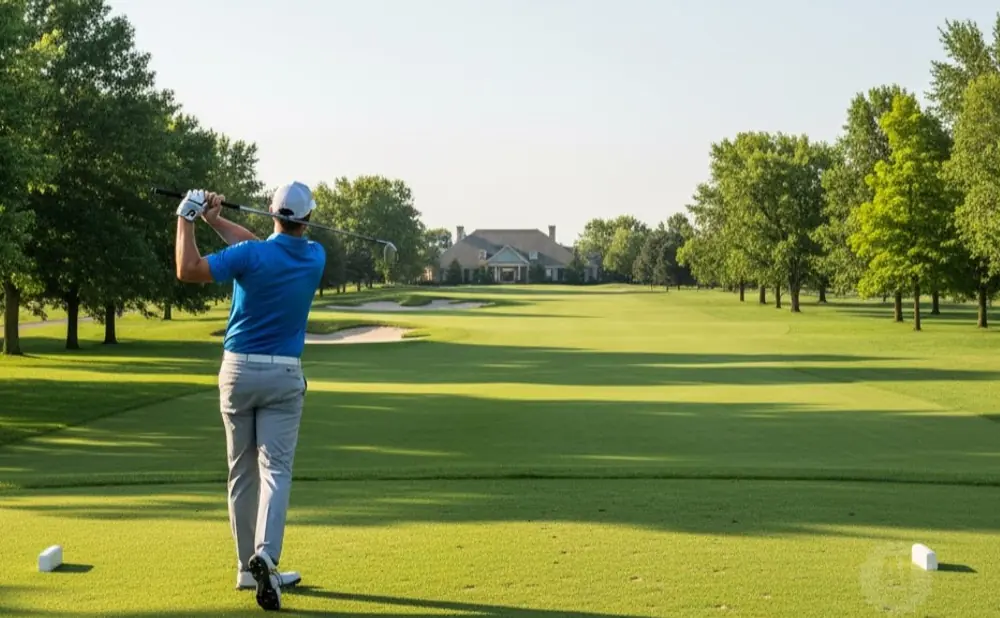 Golfer in blue shirt and grey pants swings club on a sunny golf course with a large house in the distance.