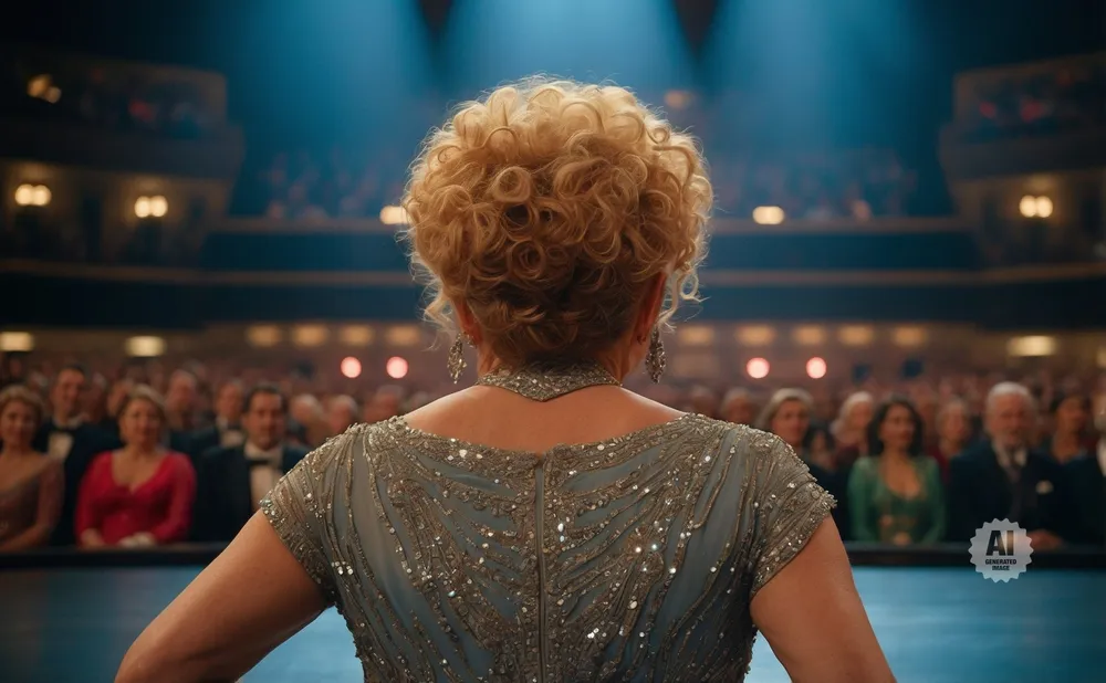 Woman in sparkly blue dress and curly blonde hair facing away from camera on stage, audience in background.