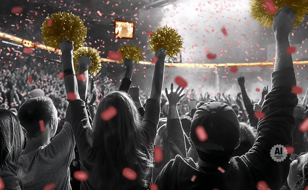 Crowd at a concert with hands in the air, holding gold pom-poms, with red confetti falling.