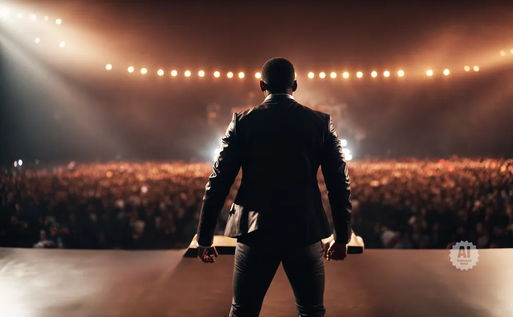 A man in a suit stands on a stage before a large, cheering crowd, illuminated by stage lights.