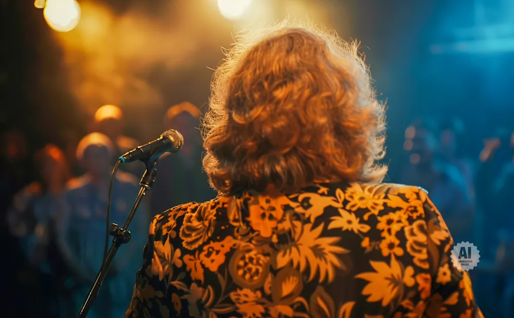 Singer on stage, back to camera, wearing a floral jacket, with a microphone in front and audience in the background.