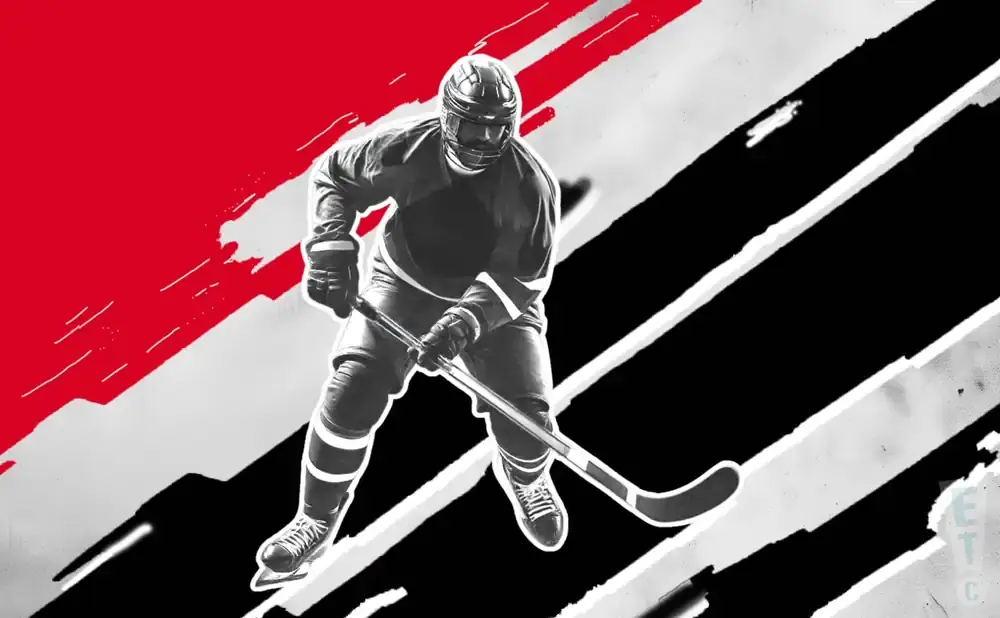 A black and white image of a hockey player in action, against a red, black, and white abstract background.