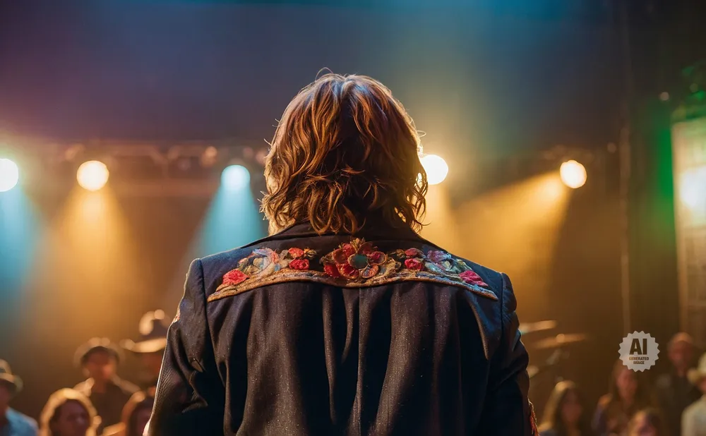 Back of person with long wavy hair wearing a dark jacket with embroidered floral details, standing on a stage with spotlights.