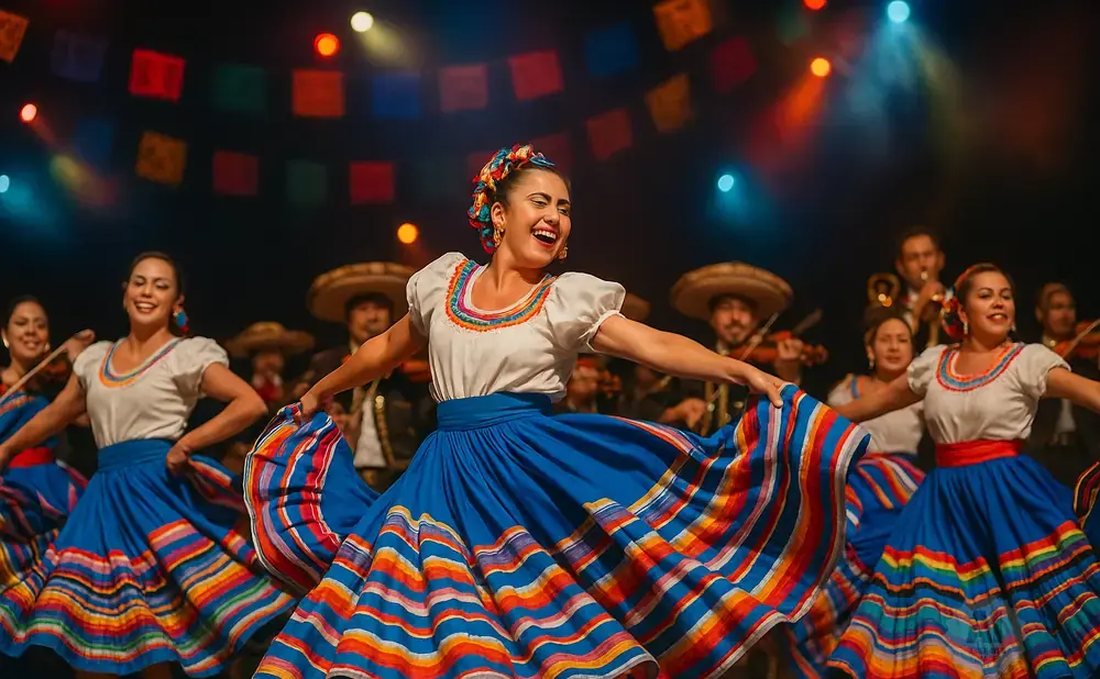 Dancers in colorful traditional Mexican dresses perform with musicians in the background.
