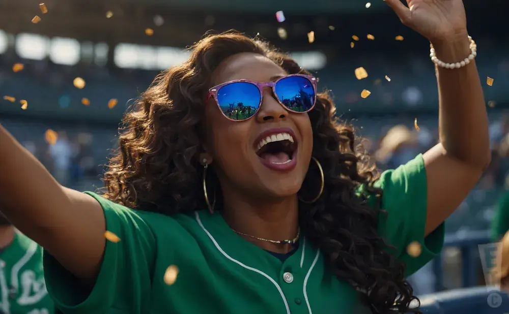 A woman in a green baseball jersey and pink sunglasses cheers at a baseball game as confetti falls.
