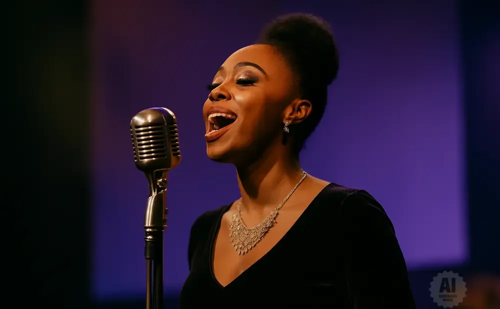A woman sings into a vintage microphone, wearing a black dress and a sparkly necklace.
