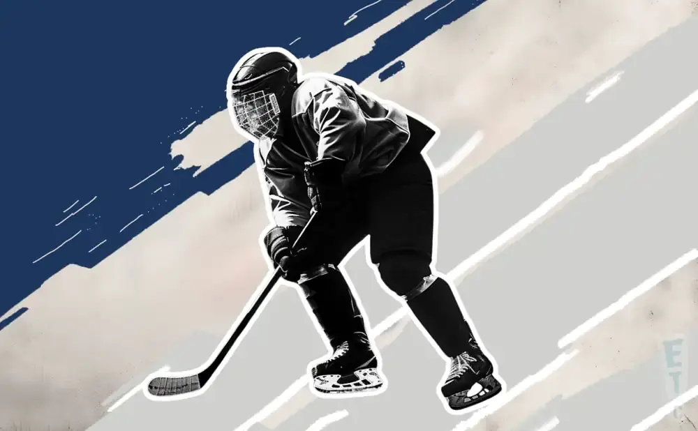 Black and white illustration of a hockey player with a stick, set against a blue and grey abstract background.