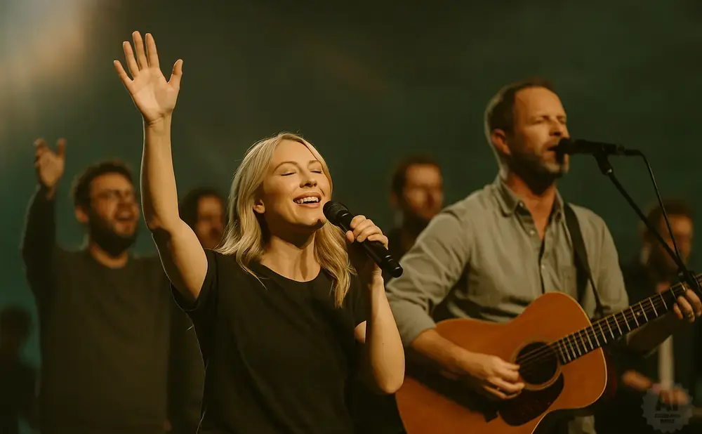 A blonde woman sings into a microphone with her hand raised, while a man plays guitar next to her.