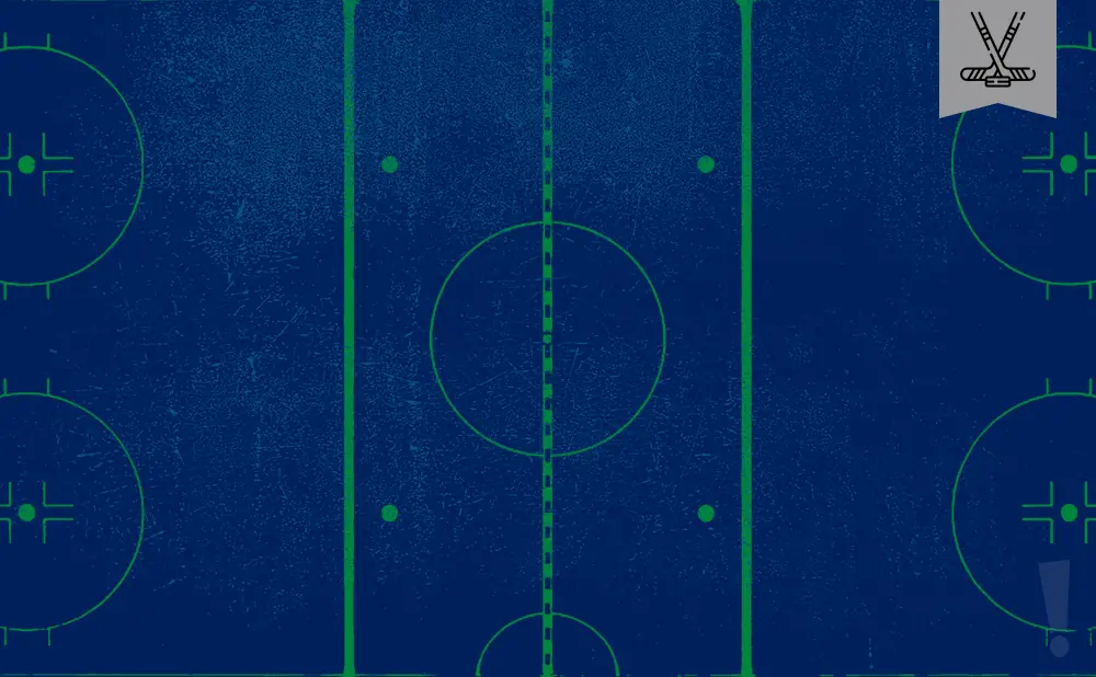 Hockey rink with blue and green markings. A small banner with crossed hockey sticks is in the upper right corner.