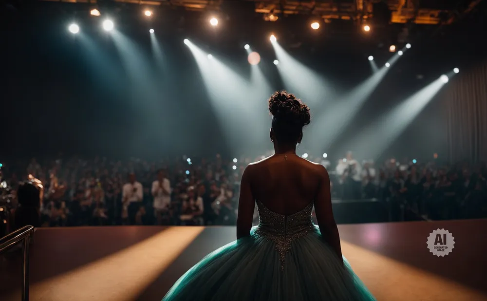 Woman in a teal gown on a stage facing a crowd, illuminated by spotlights.