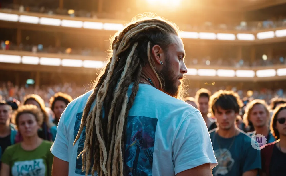 A man with dreadlocks faces away from the camera at a sunny outdoor event, with a crowd and stadium seating in the background.