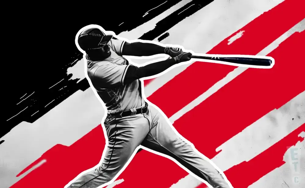 A baseball player swings a bat against a black, white, and red abstract background.