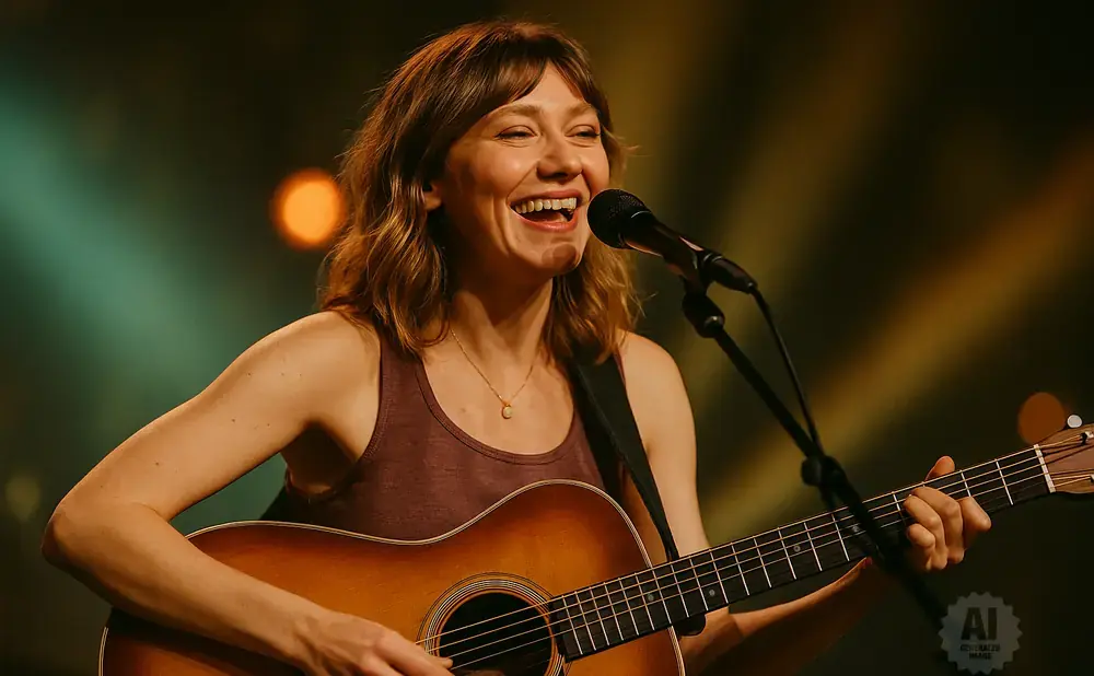 A woman laughs while playing an acoustic guitar and singing into a microphone.
