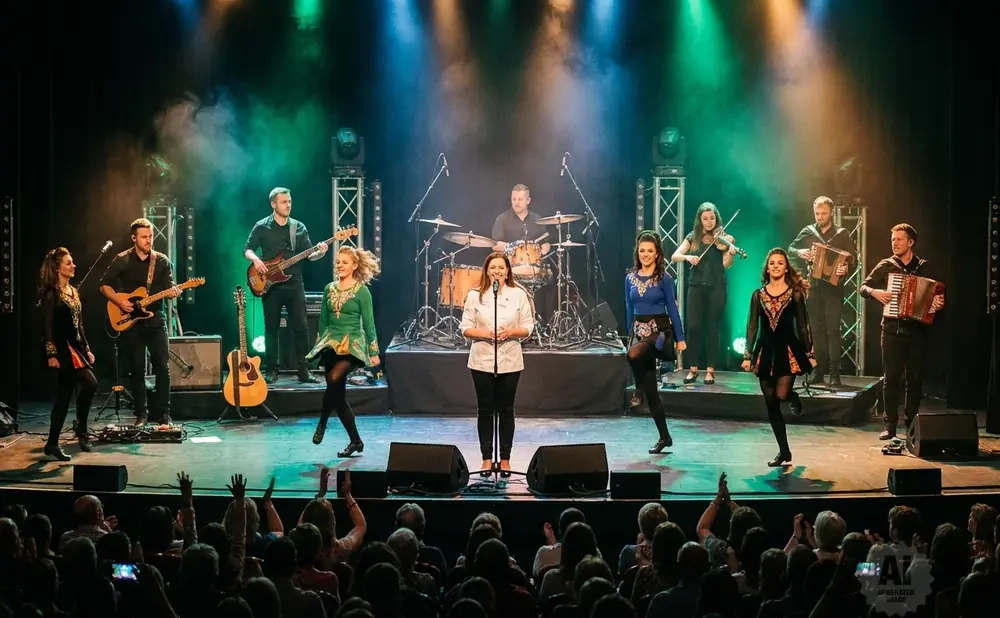 Irish dancers and musicians perform on a stage with colorful lights and smoke.