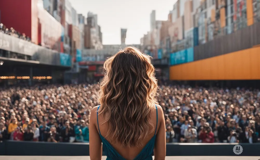 A woman with wavy brown hair faces a large crowd at an outdoor event.