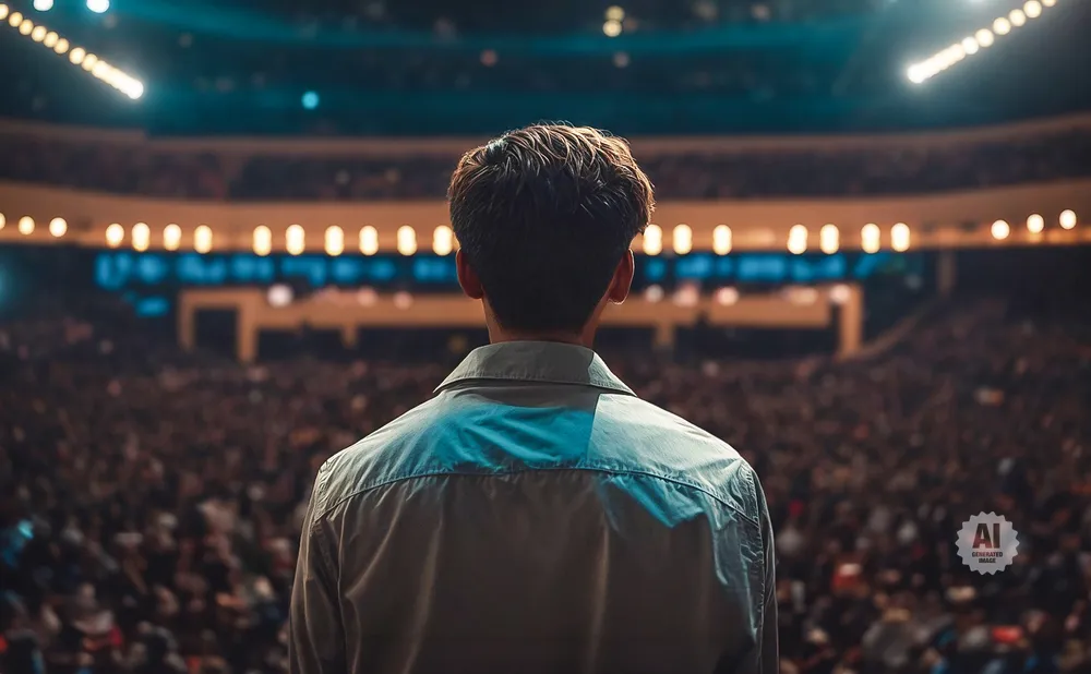 Man in a light jacket stands with his back to the camera, facing a large audience in a stadium.