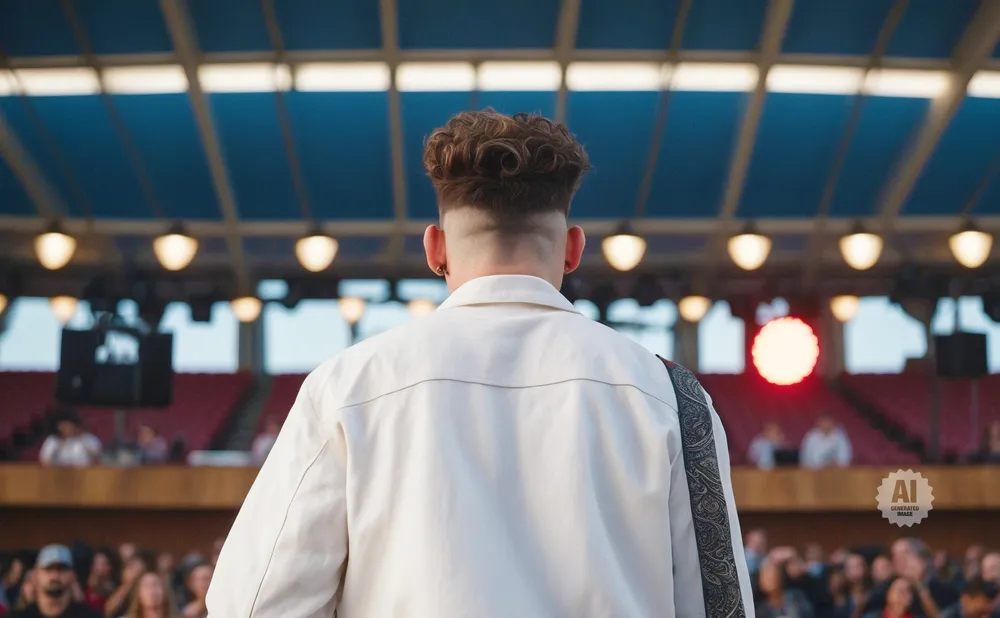 Back view of a person with curly hair standing in front of a blurred crowd and stage lights.