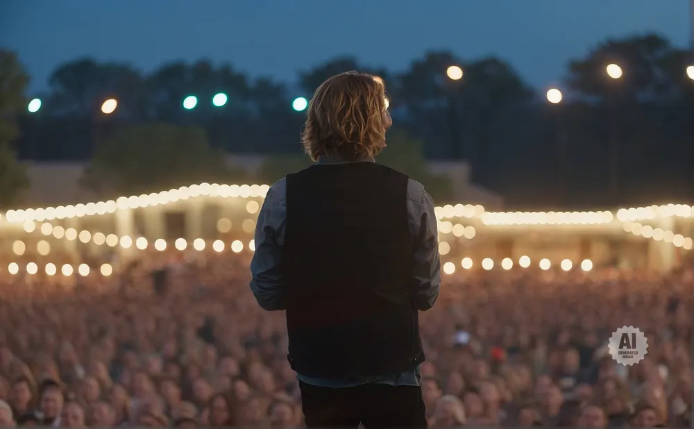 A person with curly hair stands on a stage facing a large audience, illuminated by strings of lights.