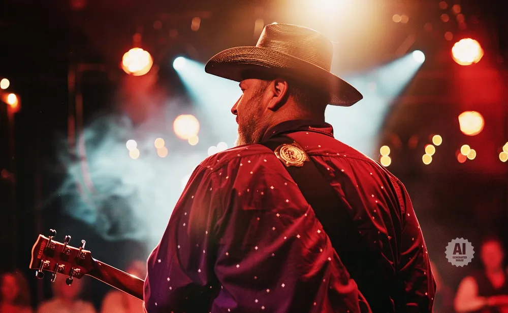 Man in cowboy hat playing guitar on stage with red lights and smoke.