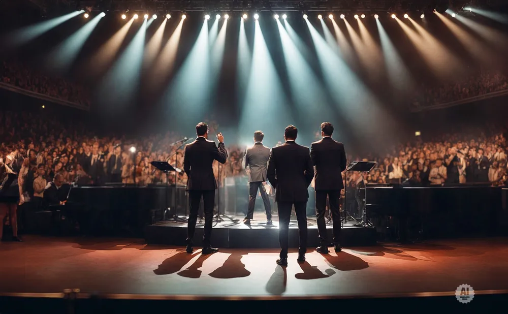 Four men in suits stand on a stage facing a cheering audience under bright spotlights.