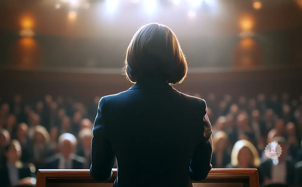 A person in a dark suit stands at a podium, facing a crowd in a dimly lit auditorium.