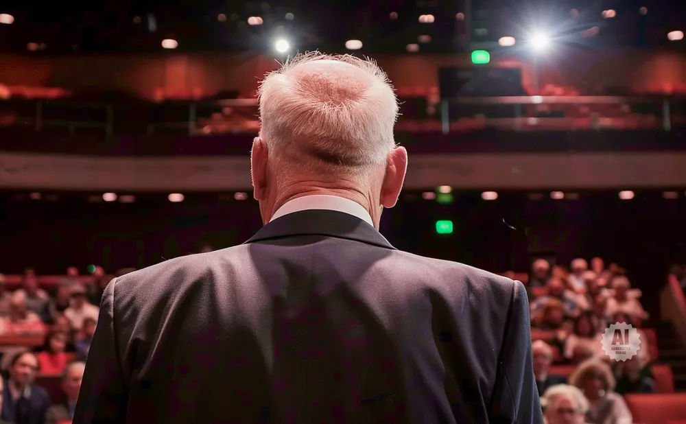Man in suit facing away from camera, addressing an audience in a theater.
