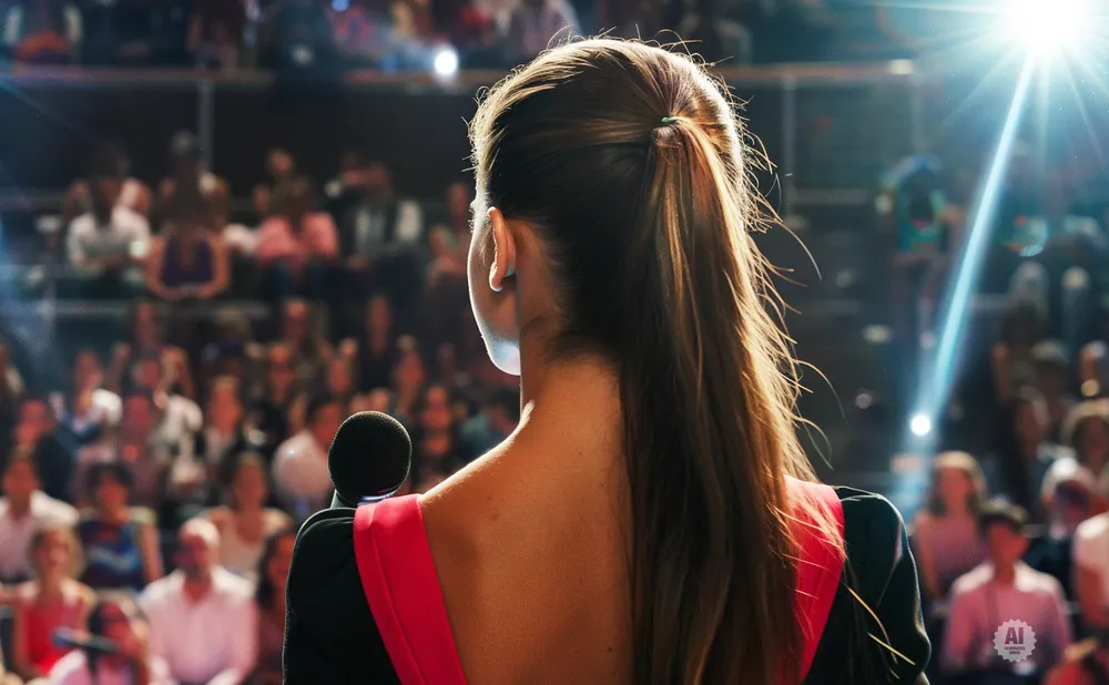 A woman with a ponytail speaks into a microphone on a stage, facing an audience.