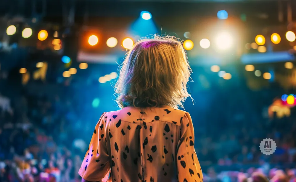 A person with blonde hair wearing a spotted shirt stands on a stage, facing a crowd with bright lights behind them.