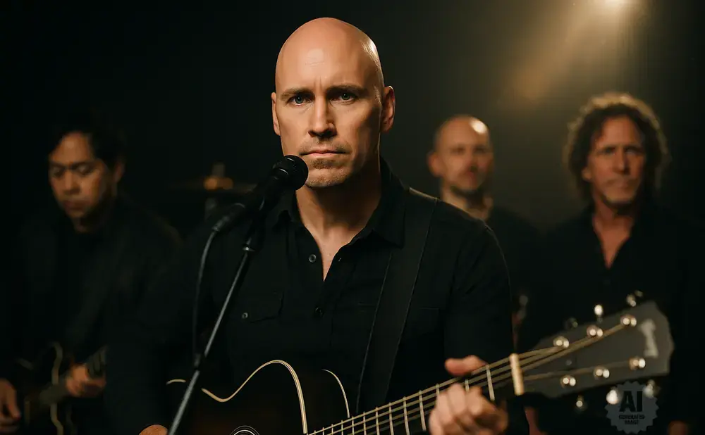 A bald man in a black shirt plays guitar and sings into a microphone, with bandmates in the background.