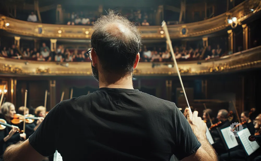 Conductor leading an orchestra in a grand theater, audience in the background.