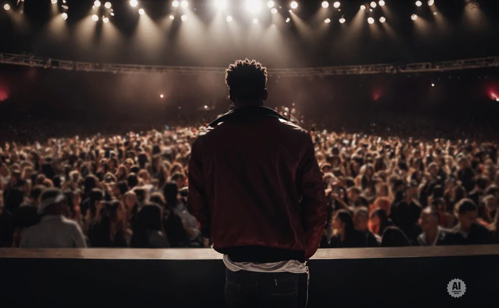 A performer stands on stage facing a large, blurred audience under bright spotlights.