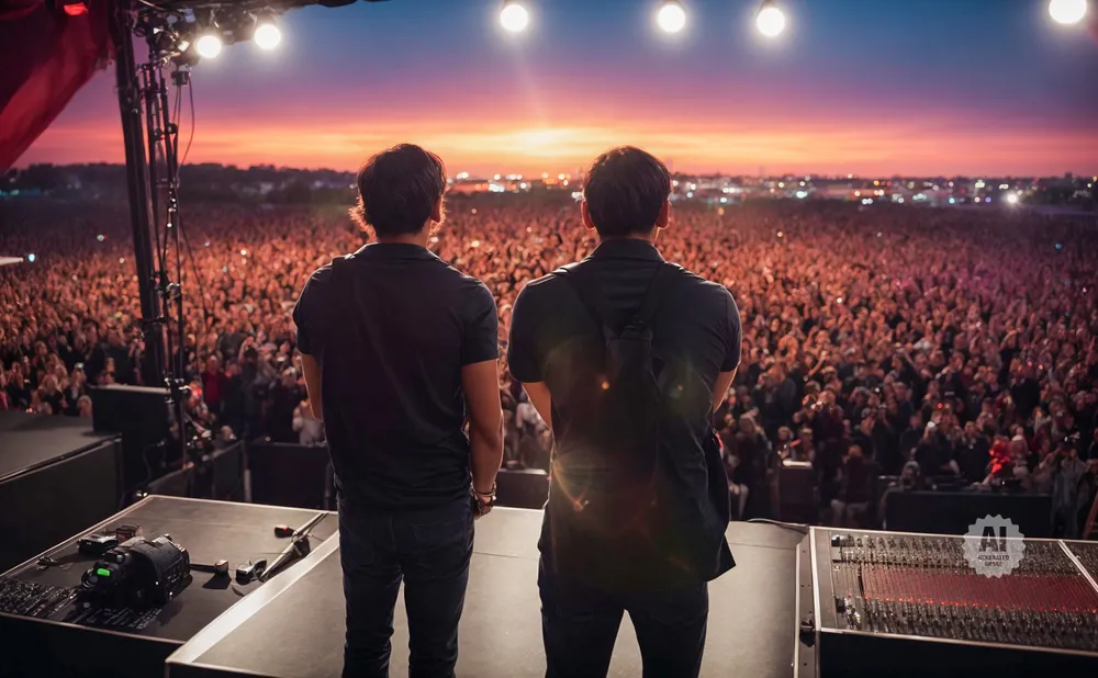 Two men stand on a stage facing a massive, illuminated crowd at sunset.