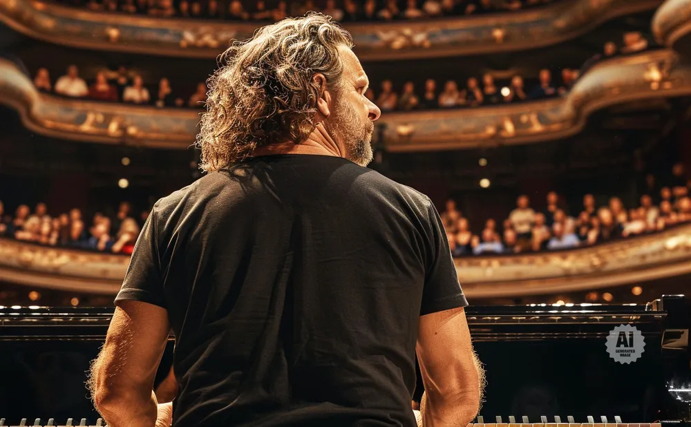 A man with long, curly hair plays a grand piano on a stage in front of a blurred audience in a theater.