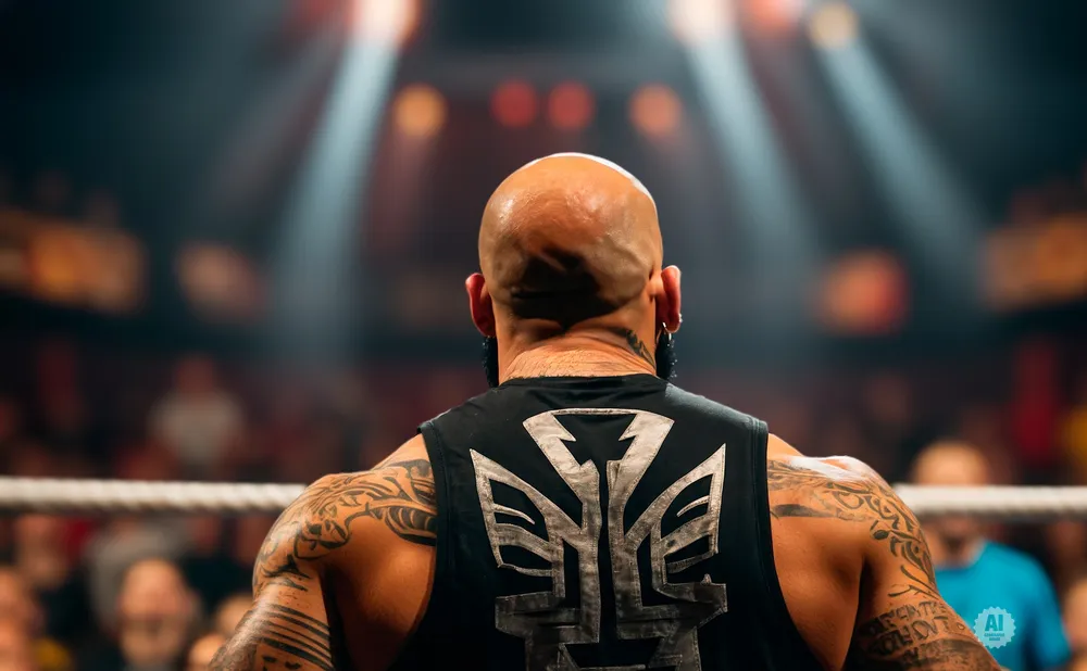 Close-up of a bald, tattooed man in a black tank top with a silver symbol, facing away from the camera in a wrestling ring.