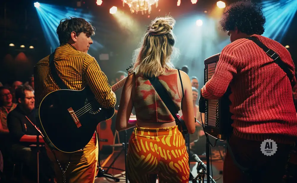 Band performs on stage with guitarist, singer, and accordion player.