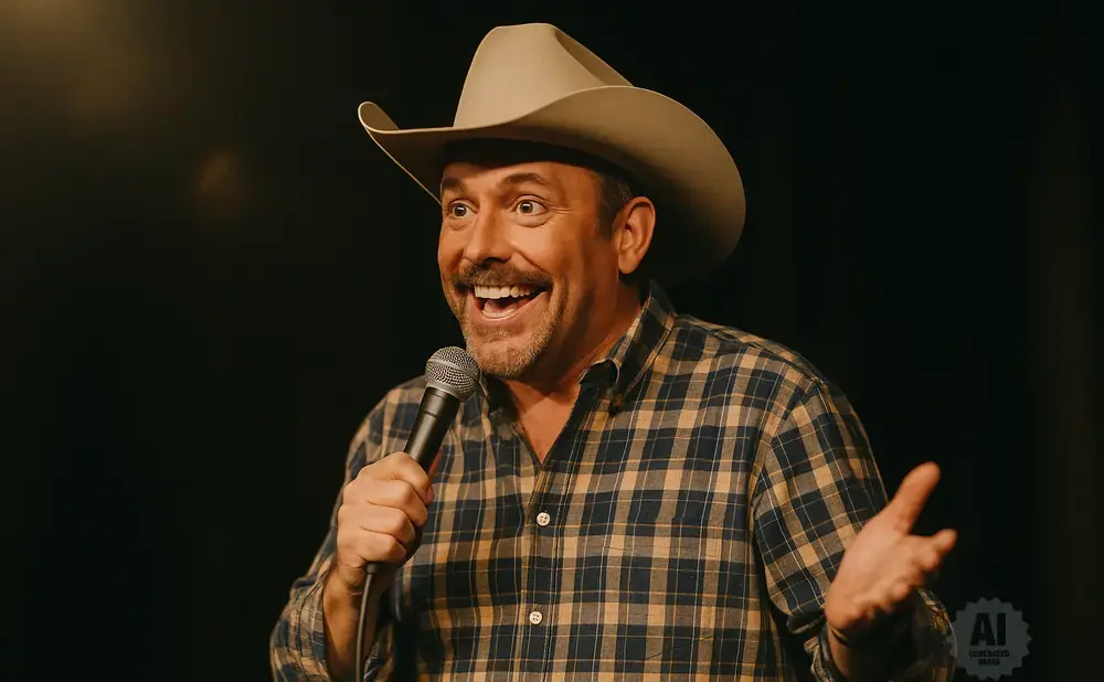 A man in a cowboy hat and plaid shirt holds a microphone and gestures with his hand.