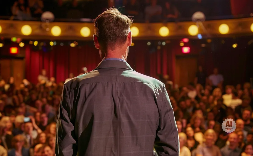 Man in a suit facing away from the camera, addressing a large audience in a theater.