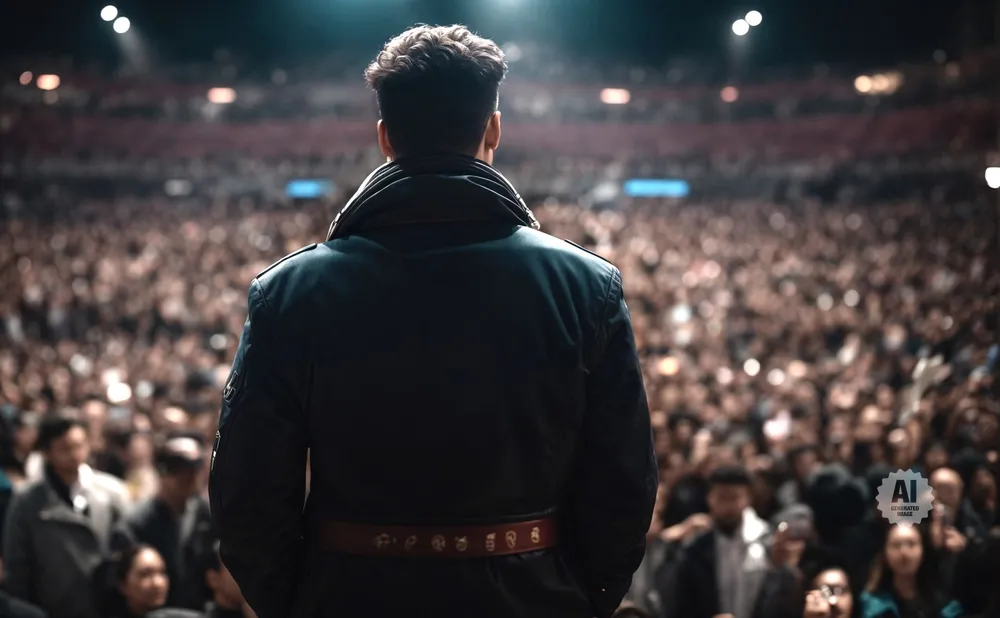 Man in a dark jacket facing a large, blurred crowd in an arena.