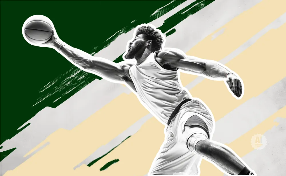 Basketball player leaping to dunk the ball, with a green, white, and tan abstract background.
